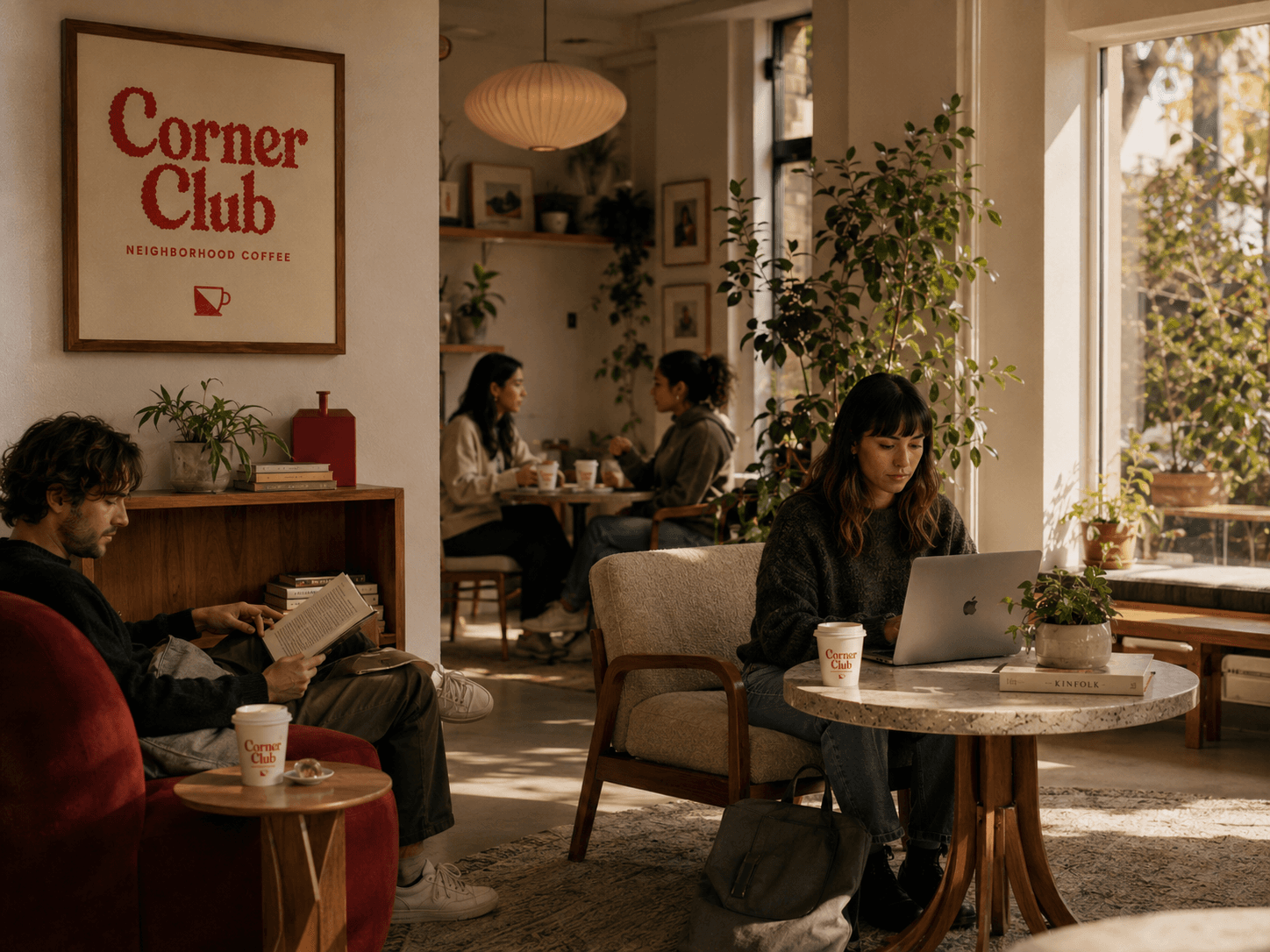 A regular reading on a warm chair in the Corner Club lounge, coffee on the side table