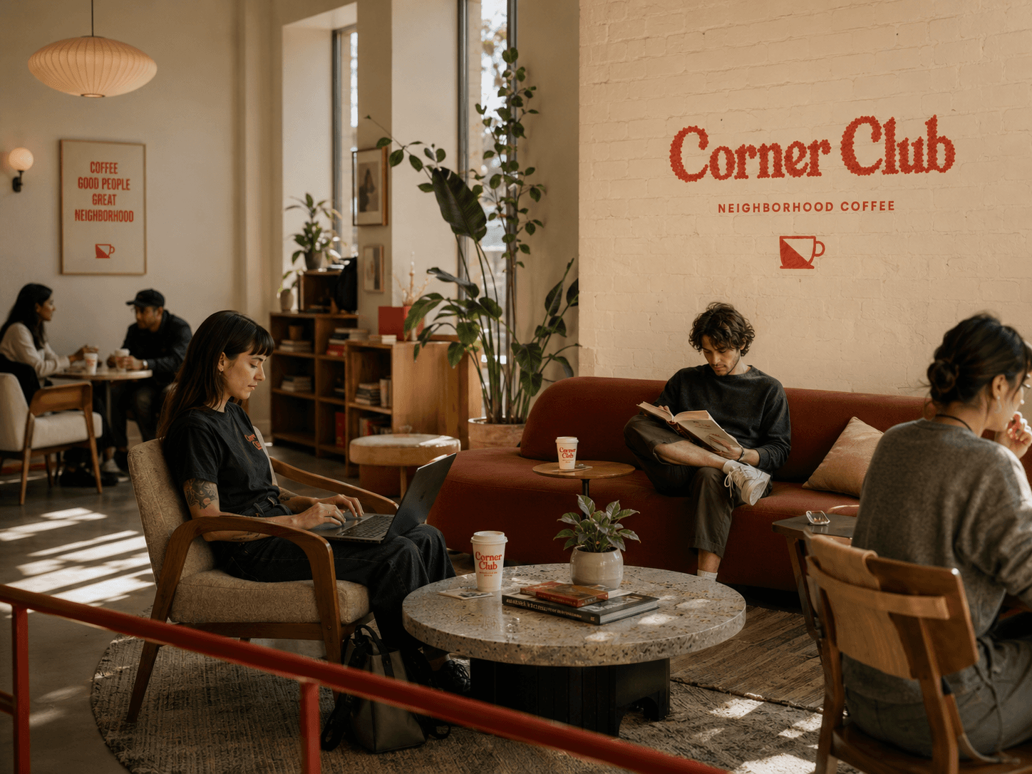Corner Club lounge with a red sofa, plants and the wordmark painted on the wall