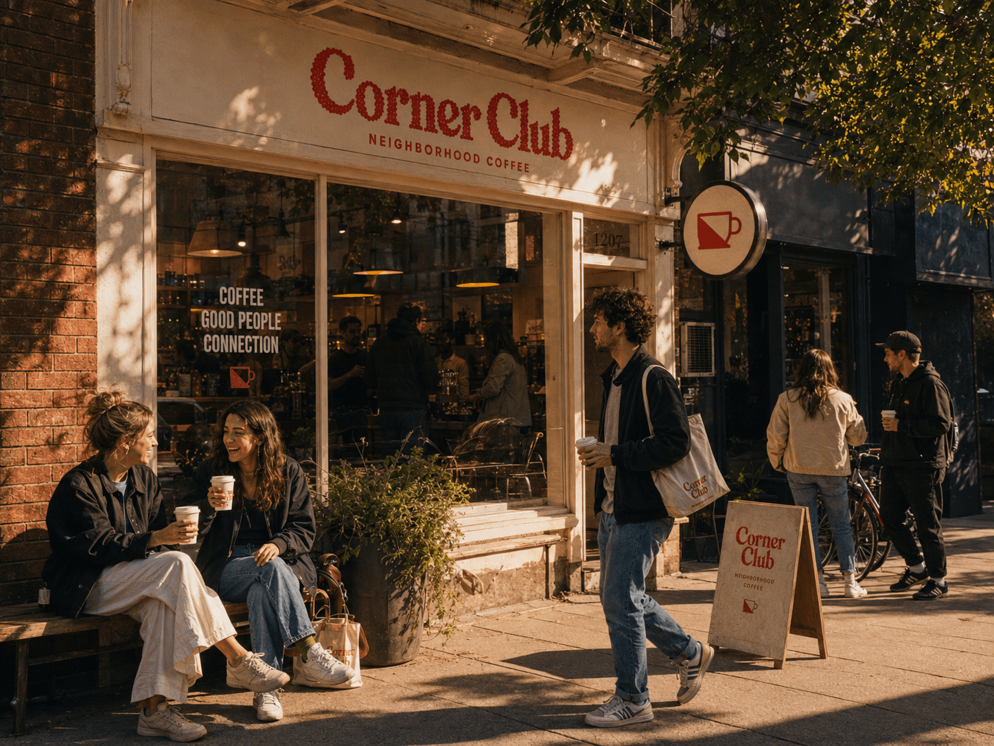 Corner Club café storefront on a sunlit Alserkal Avenue corner in Dubai