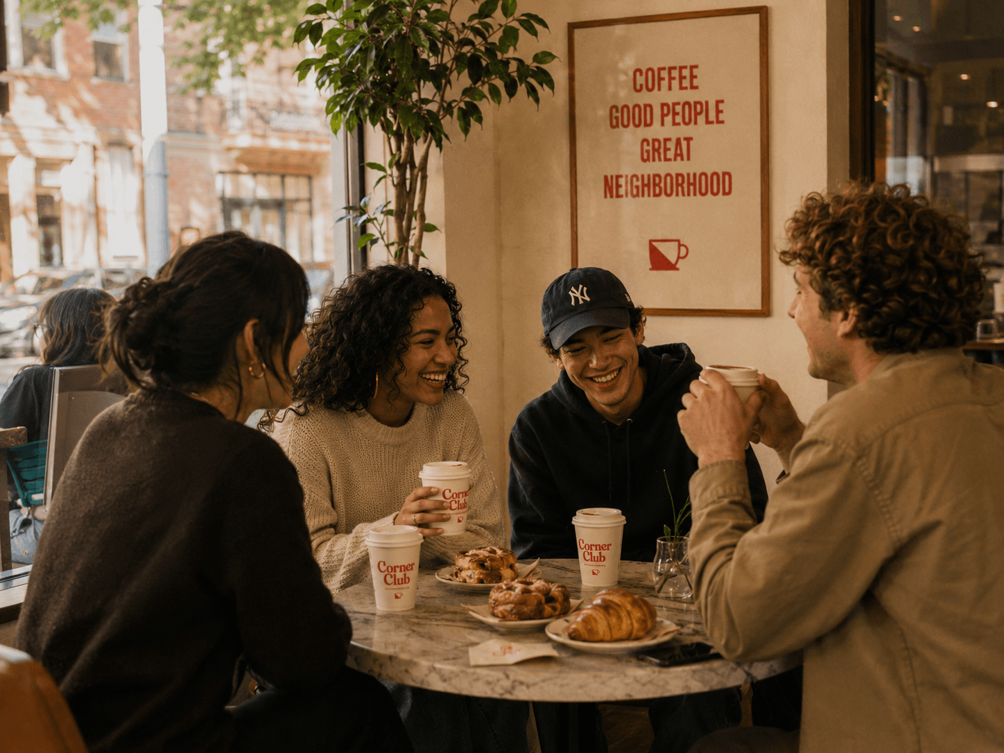 Friends laughing over coffee and pastries at a marble café table by the window