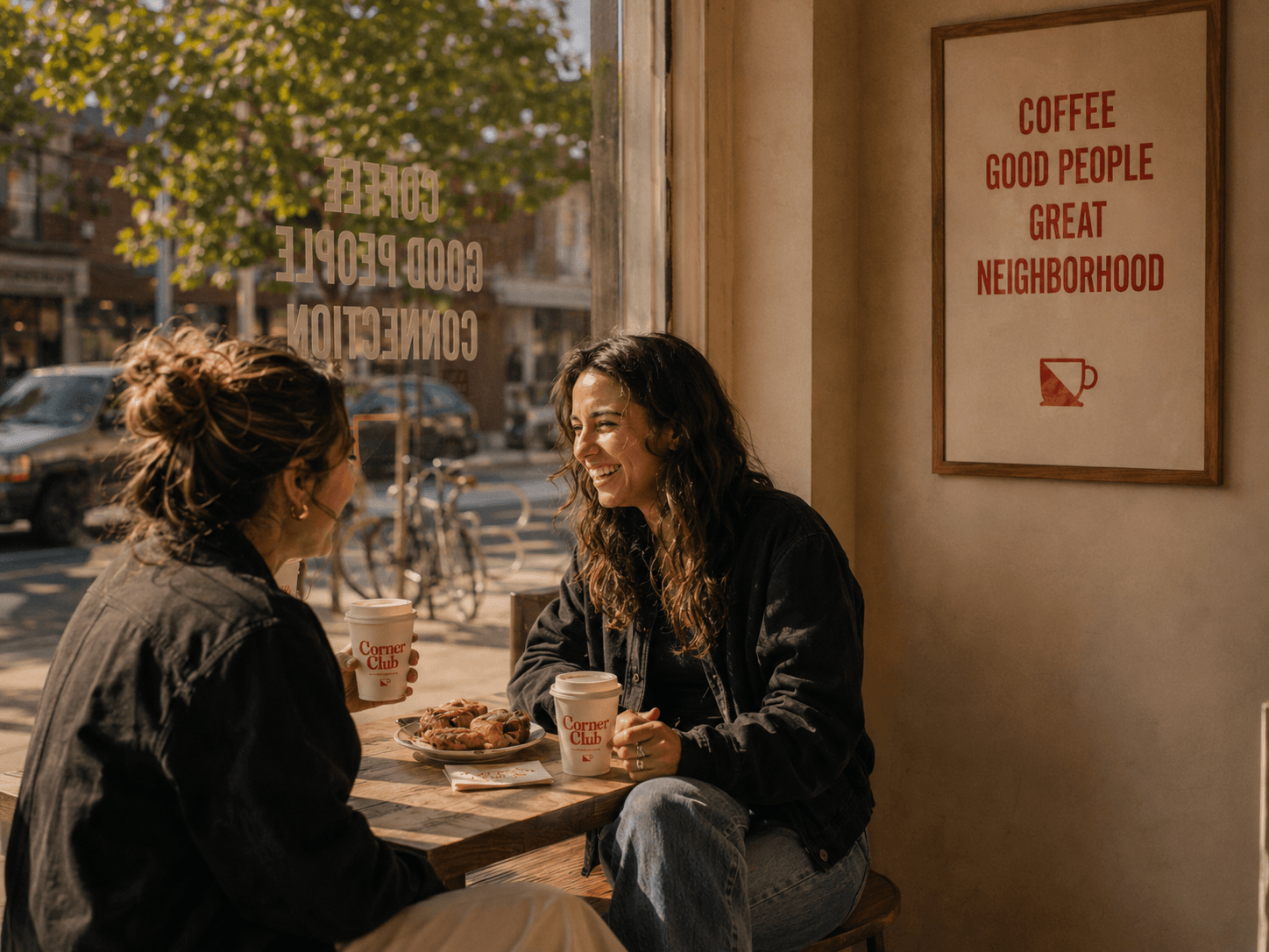 Two friends talking at the window seat under a Coffee, Good People, Great Neighbourhood poster